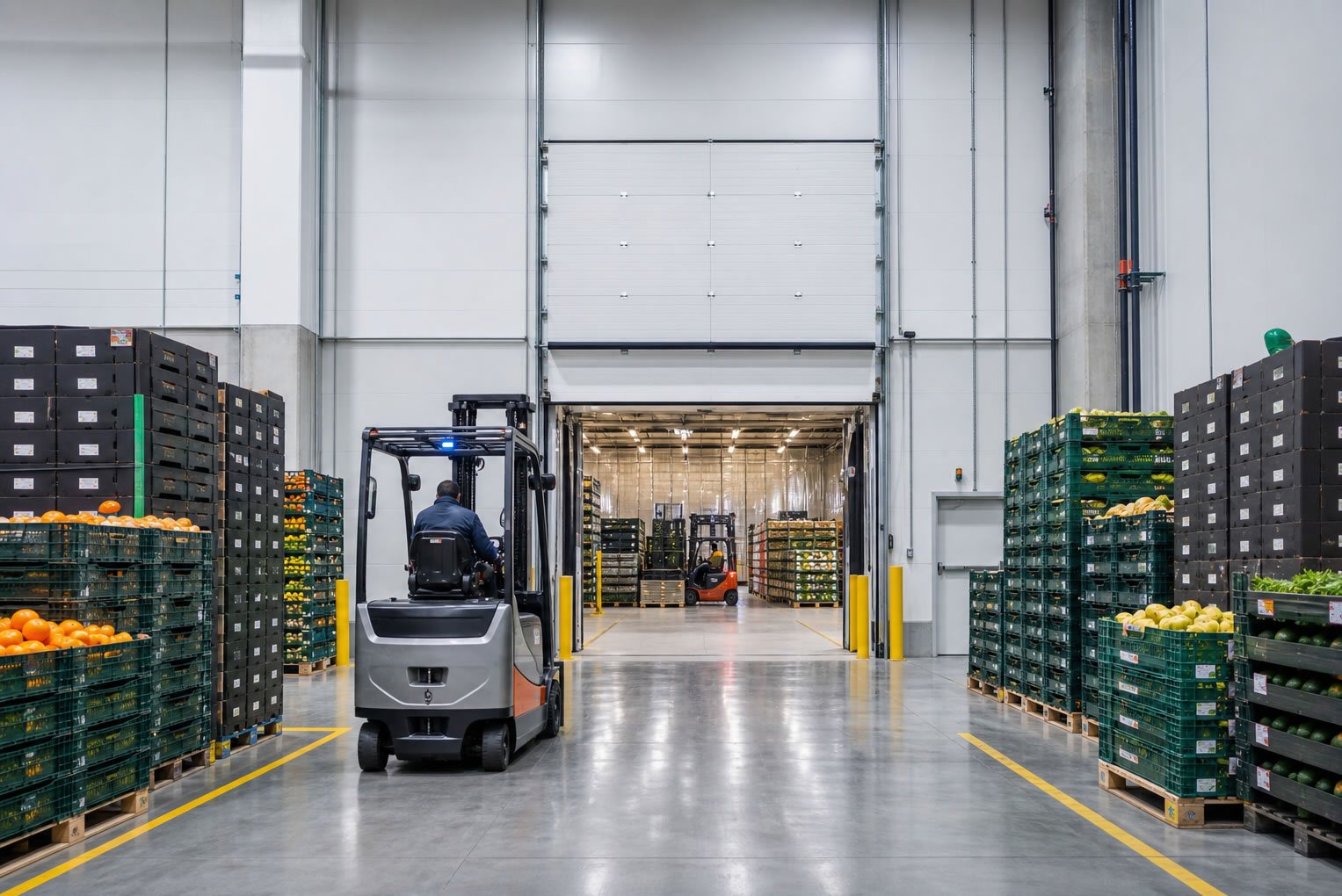 Forklift handling crates of citrus fruit in a produce warehouse