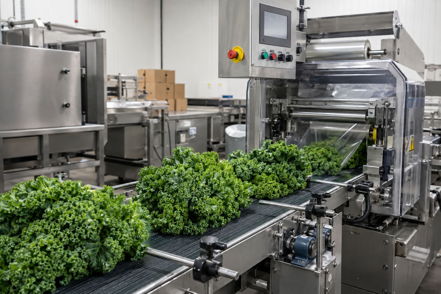 Fresh leafy greens on a packaging line