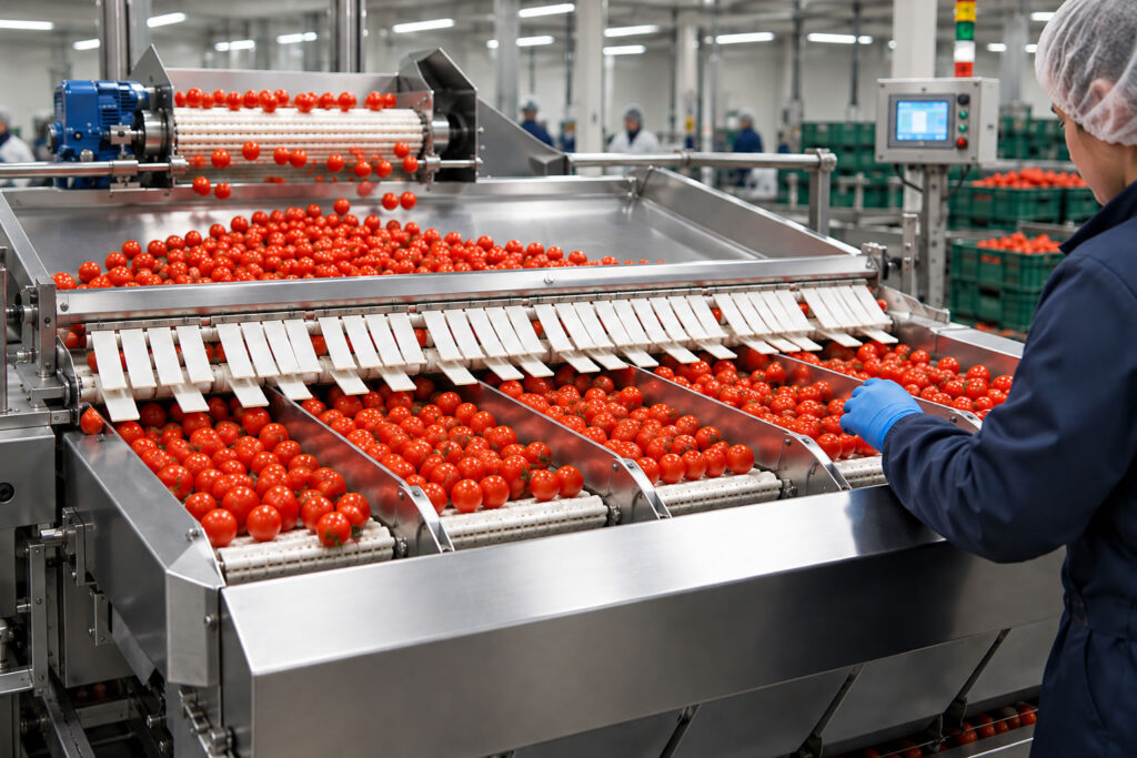 Cherry tomatoes on a sorting line during quality control