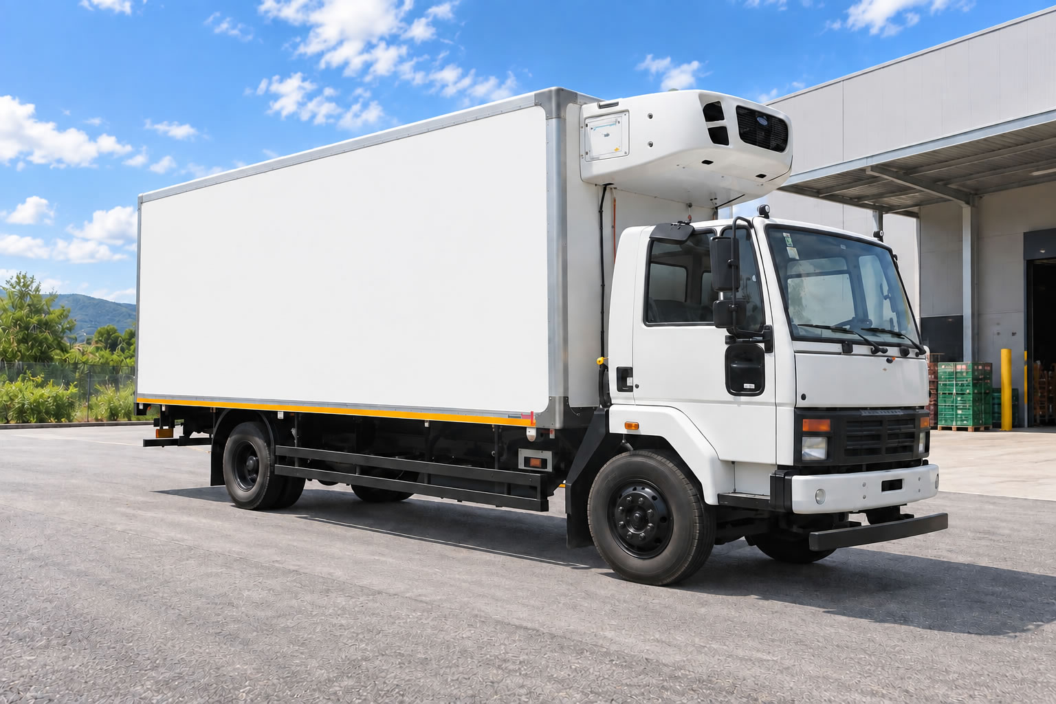 Refrigerated truck being loaded with fresh produce for delivery