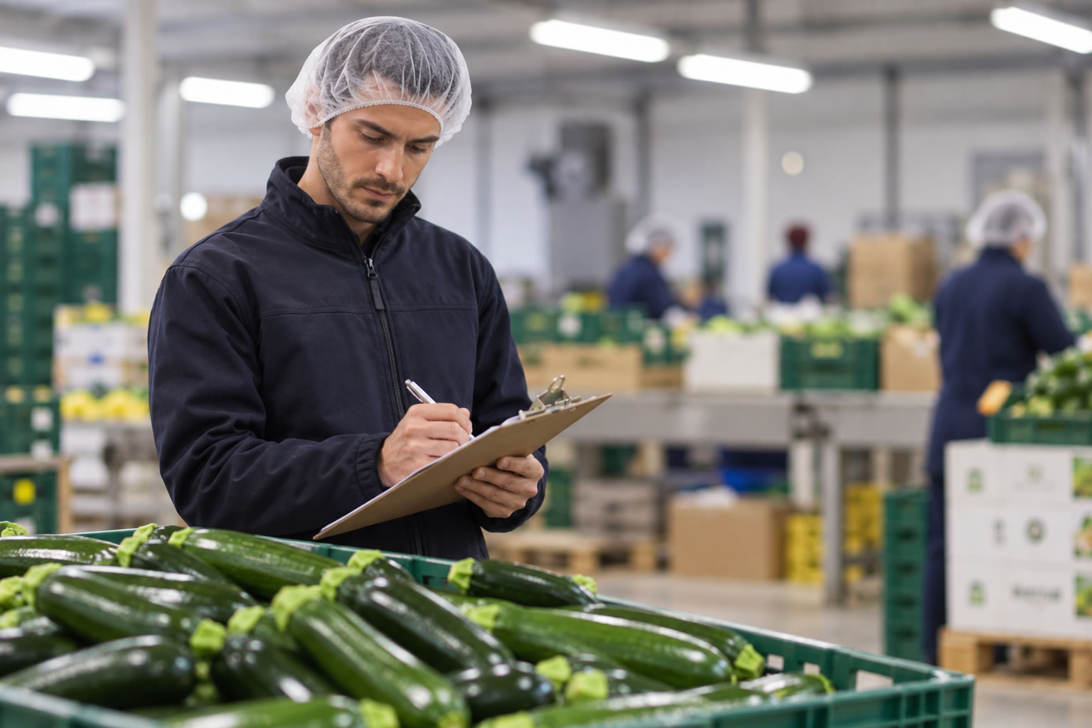 Worker inspecting crates of fresh courgettes with a checklist