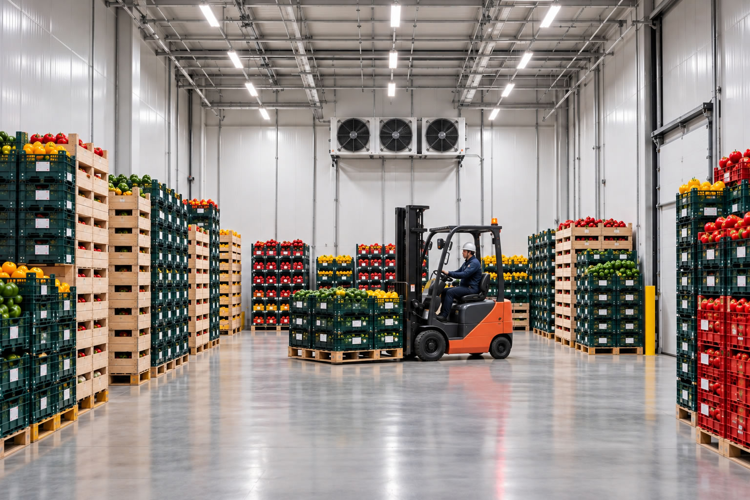 Forklift moving crates of produce in a cold storage warehouse